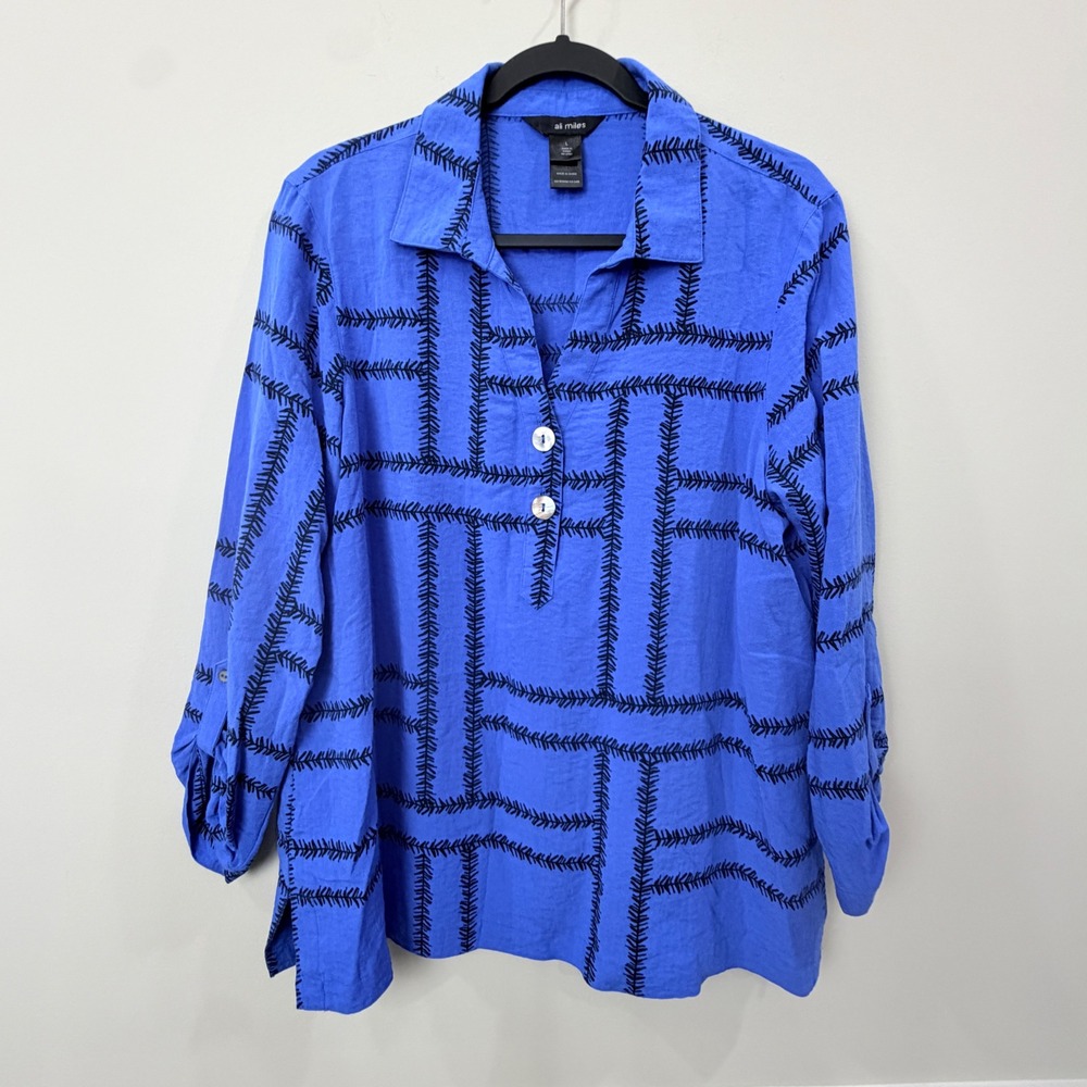 Ali Miles Women Large Tunic Top Blue Black Geometric Roll Tab Sleeve Art to Wear